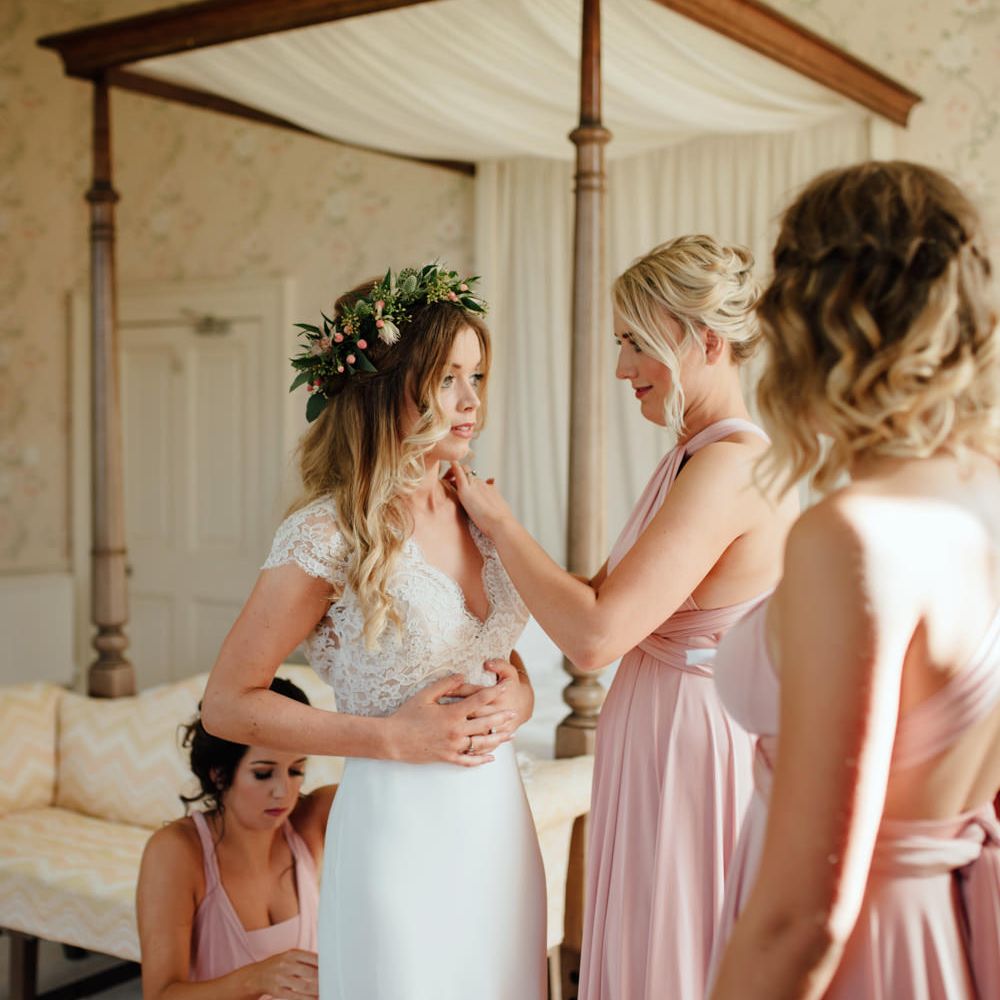 Getting Ready | Bride in Bespoke Suzanne Neville Scarlett Bridal Gown & Bridesmaids in Pink Twobirds Dresses | The Lou's Photography