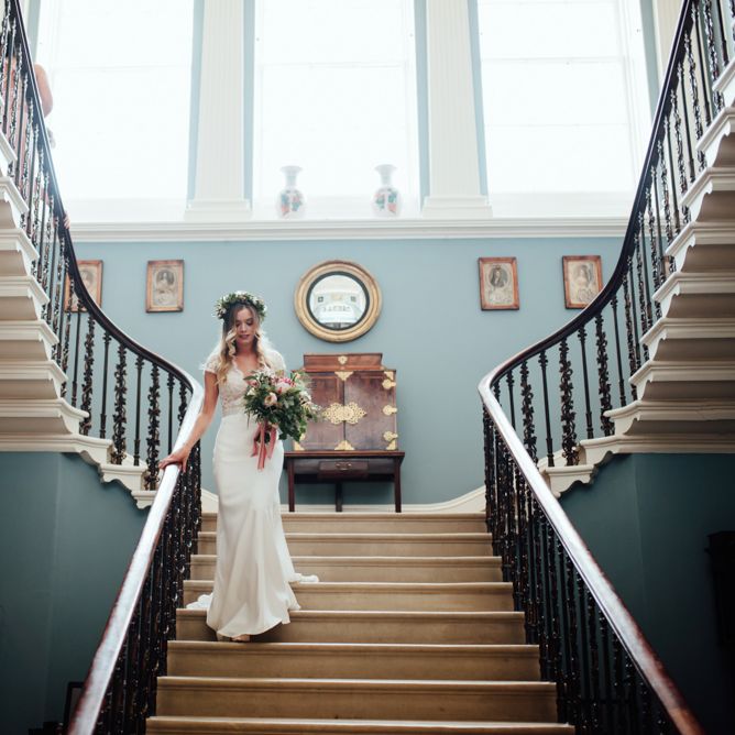 Bride in Bespoke Suzanne Neville Scarlett Bridal Gown | Protea Bouquet & Flower Crown | The Lou's Photography