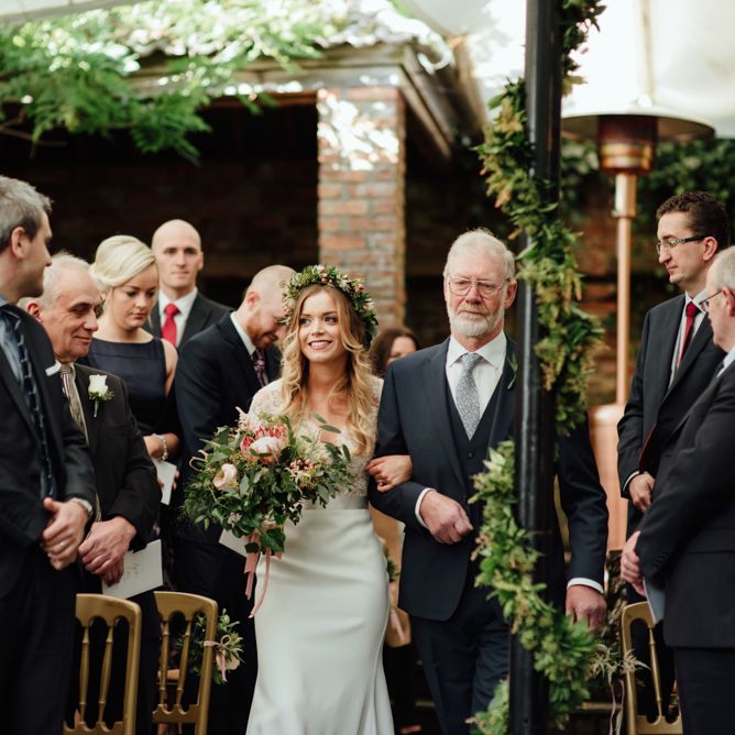 Bride in Bespoke Suzanne Neville Scarlett Bridal Gown | Protea Bouquet & Flower Crown | The Lou's Photography