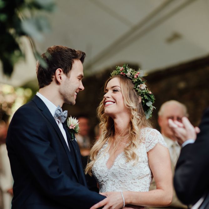 Outdoor Ceremony at Drenagh Estate in Northern Ireland | Bride in Bespoke Suzanne Neville Scarlett Bridal Gown | Protea Bouquet & Flower Crown | The Lou's Photography
