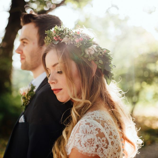 Bride in Bespoke Suzanne Neville Scarlett Bridal Gown | Groom in Herbie Frogg Suit & Liberty Print Mrs Bow Tie | The Lou's Photography