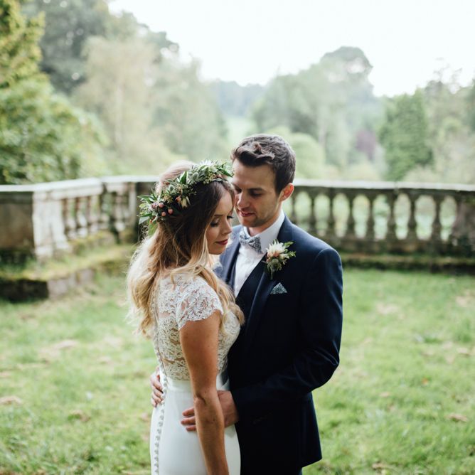 Bride in Bespoke Suzanne Neville Scarlett Bridal Gown | Groom in Herbie Frogg Suit & Liberty Print Mrs Bow Tie | The Lou's Photography