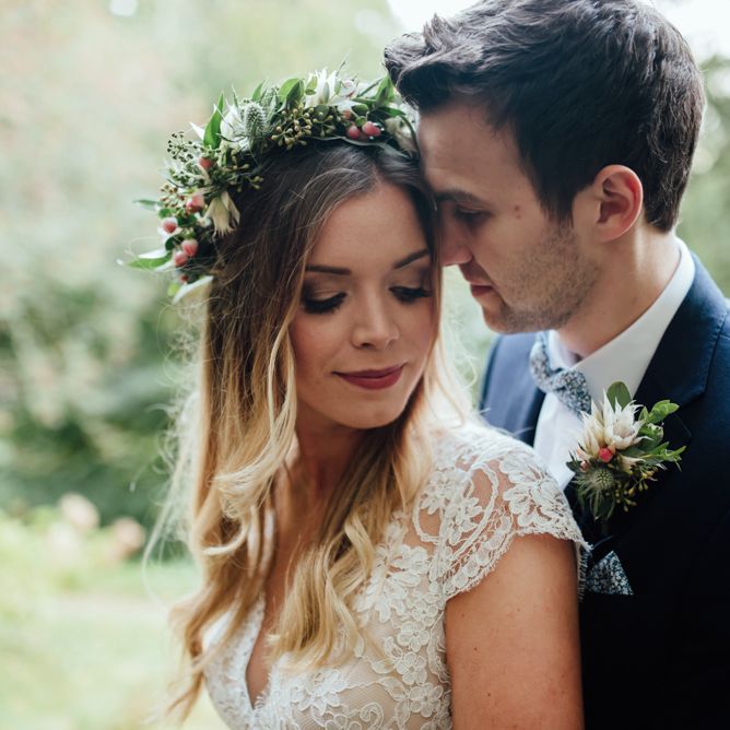 Bride in Bespoke Suzanne Neville Scarlett Bridal Gown | Groom in Herbie Frogg Suit & Liberty Print Mrs Bow Tie | The Lou's Photography