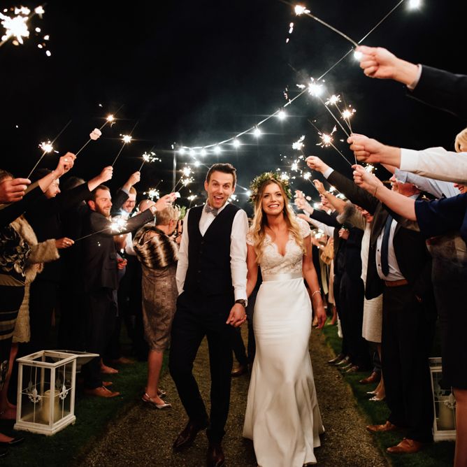 Sparkler Exit | Bride in Bespoke Suzanne Neville Scarlett Bridal Gown | The Lou's Photography