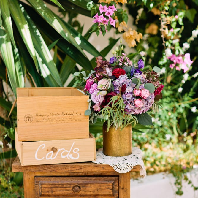 Wooden Card Box on Antique Table | Jewel Coloured Spanish Wedding Planned & Styled by Rachel Rose Weddings | Anna Gazda Photography