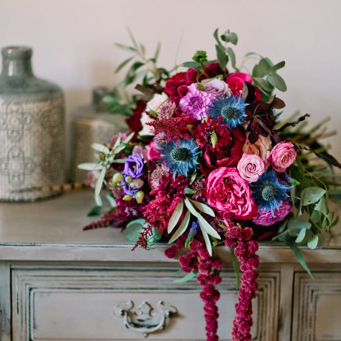 Deep Pink, Purple & Blue Hues Bridal Bouquet | Jewel Coloured Spanish Wedding Planned & Styled by Rachel Rose Weddings | Anna Gazda Photography
