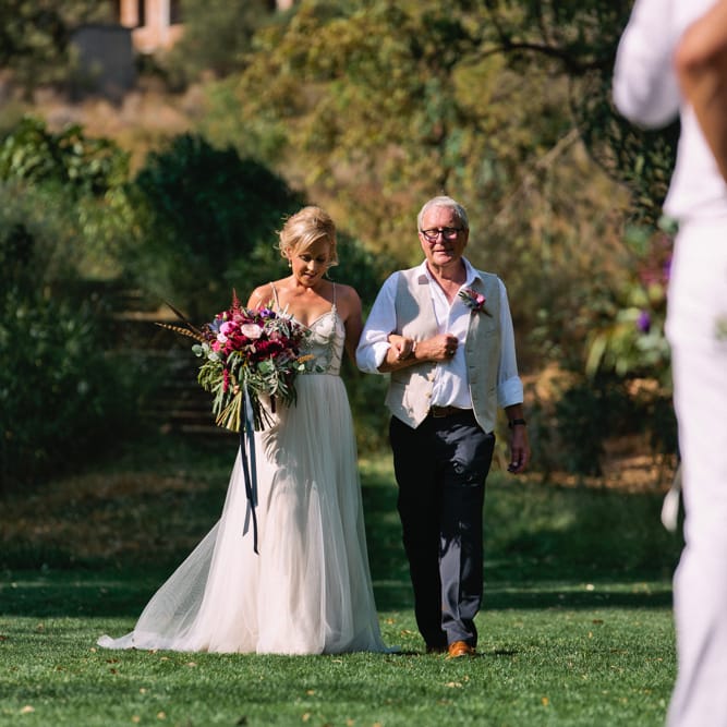 Bridal Entrance in Catherine Deane Freya Gown | Jewel Coloured Spanish Wedding Planned & Styled by Rachel Rose Weddings | Anna Gazda Photography