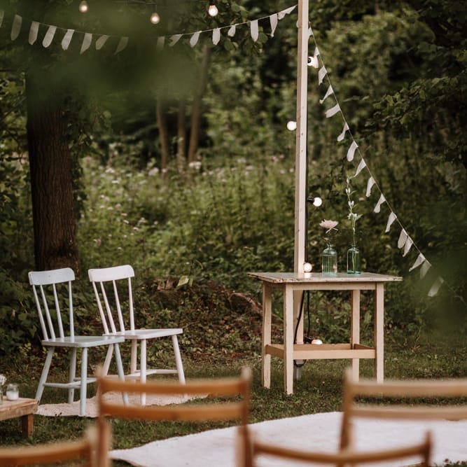 Outdoor Wedding Ceremony With Bunting & Festoon Lights