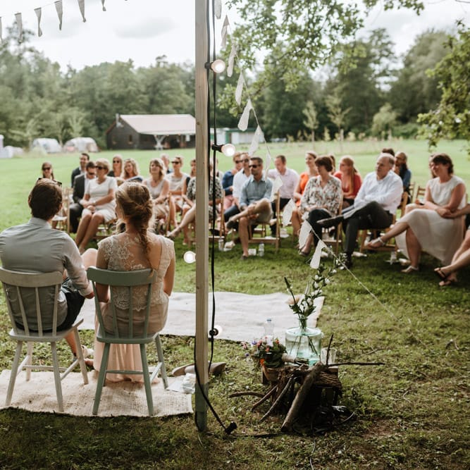 Outdoor Wedding Ceremony With Bunting & Festoon Lights