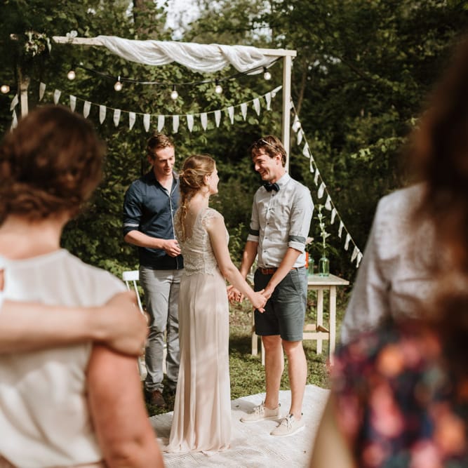 Outdoor Wedding Ceremony With Bunting & Festoon Lights