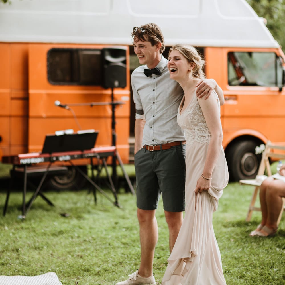 Outdoor Wedding Ceremony With Bunting & Festoon Lights