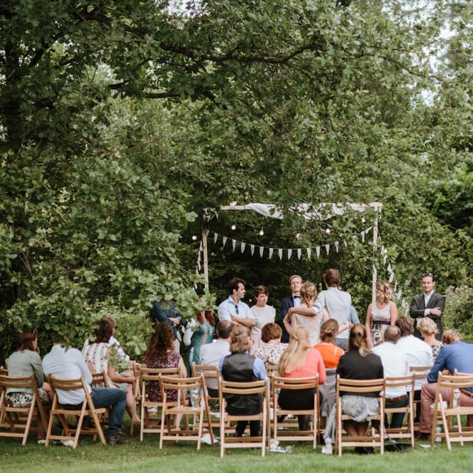 Outdoor Wedding Ceremony With Bunting & Festoon Lights