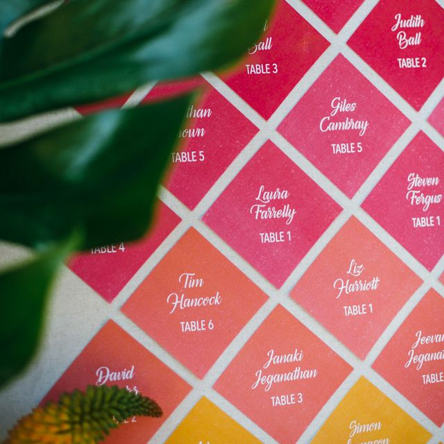 Pink & Orange Ombre Wedding Table Plan With Diamonds