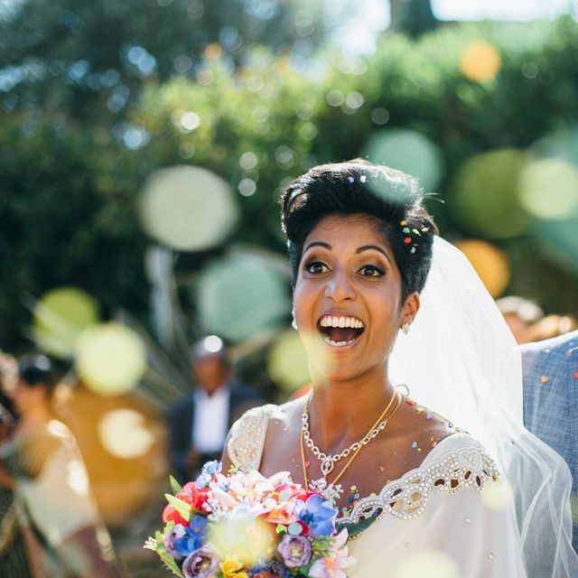Bride In White & Gold Sari With Tulle Veil