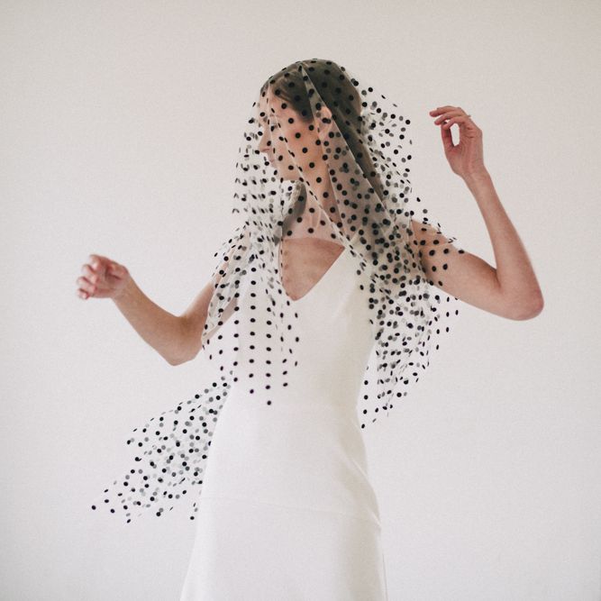 Black Polka Dot Wedding Veil By AM Faulkner // Minimal Elegant Bridal Inspiration Shoot With Ikebana Inspired Floral Arrangements By Kitten Grayson // Planned & Styled By Anemone Style // Images Genevieve Wedding Photography
