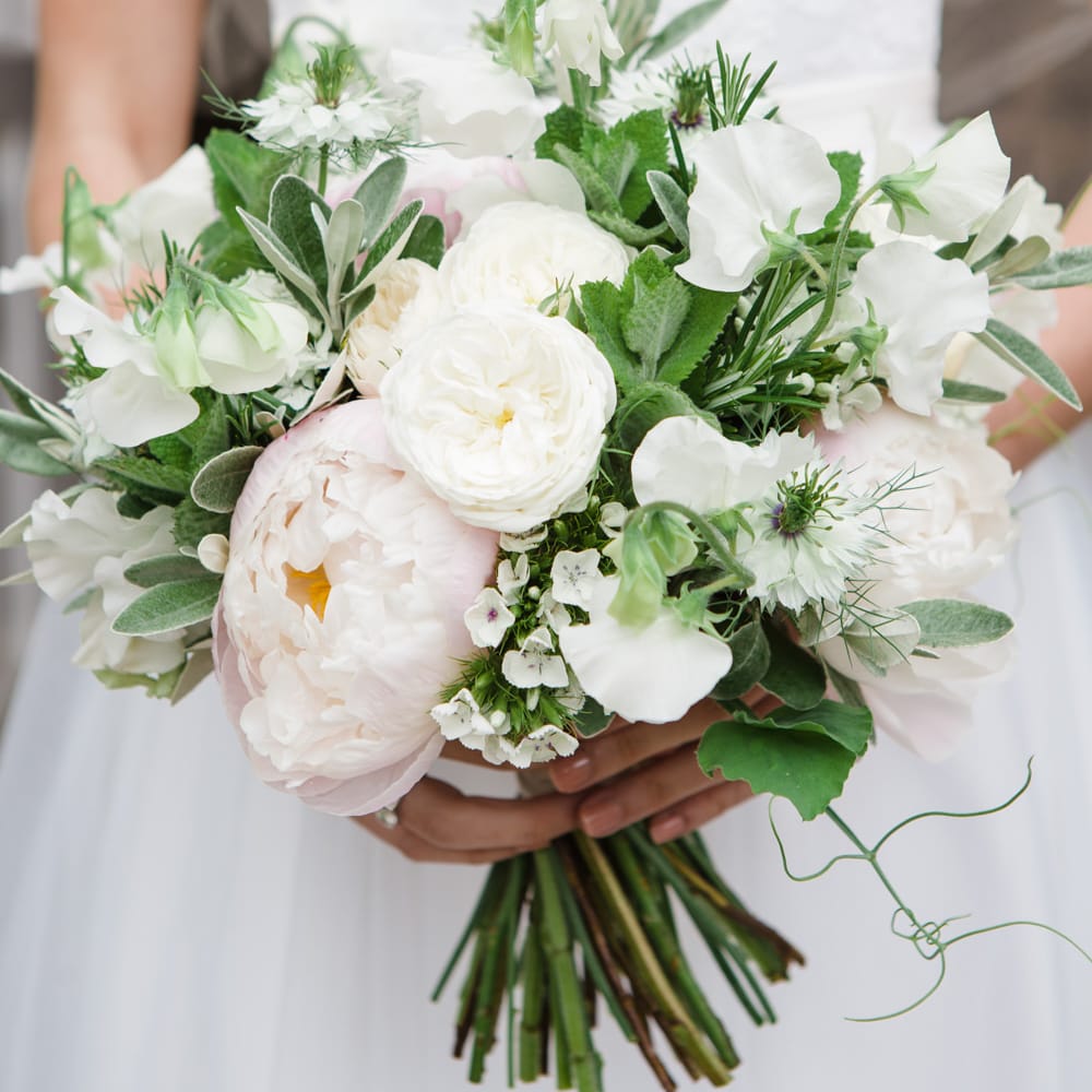 Romantic Bouquet with Peonies & David Austin Roses | Bride in Ingrida Bridal Gown | Beautiful Classic Wedding at Cornwell Manor | Lucy Davenport Photography