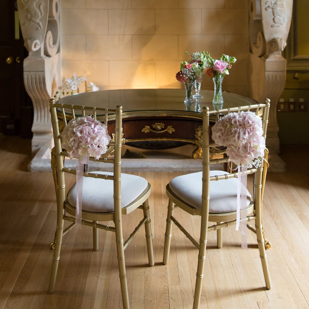 Altar Chairs with Pink Hydrangea Floral Decor