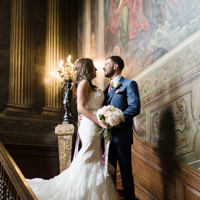 Bride & Groom Staircase Portrait at Fetcham Park in Surrey