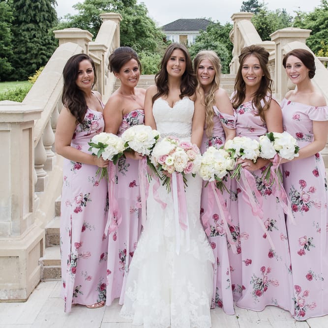 Bridal Party | Bridesmaids in Pink Floral Bespoke ASOS Dress | Bride in Enzoani Gown