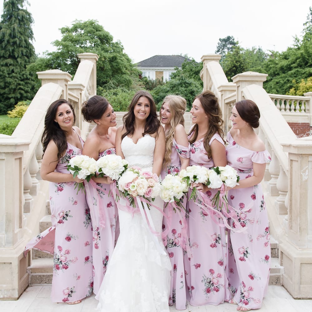 Bridal Party | Bridesmaids in Pink Floral Bespoke ASOS Dress | Bride in Enzoani Gown