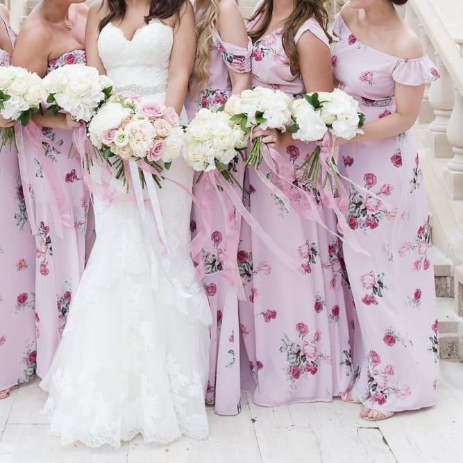 Bridal Party | Bridesmaids in Pink Floral Bespoke ASOS Dress | Bride in Enzoani Gown