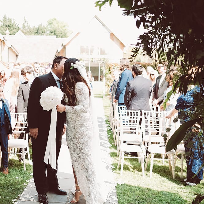 Outdoor Wedding at Millbridge Court | Bride in Grace Loves Lace Wedding Dress | Groom in Tuxedo | Lemonade Pictures