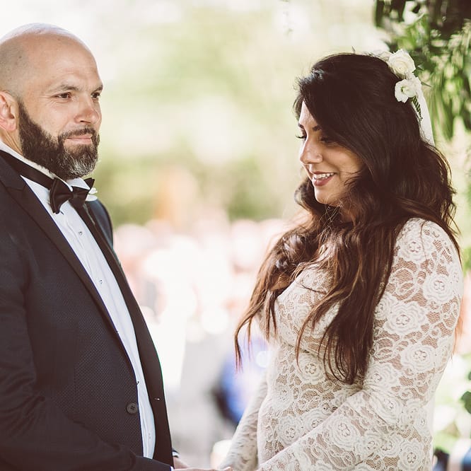 Bride in Grace Loves Lace Wedding Dress | Groom in Tuxedo | Lemonade Pictures