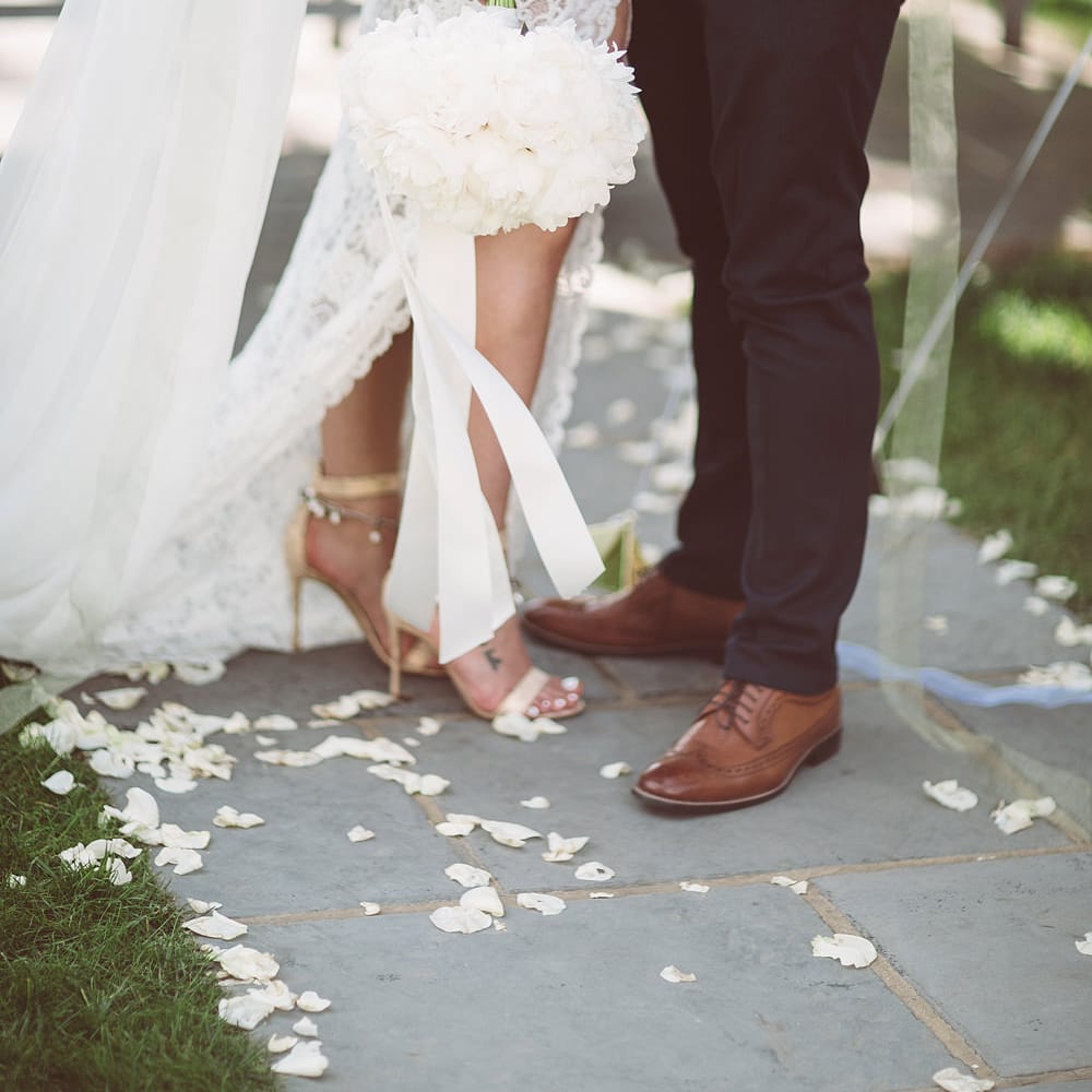 White Peony Bouquet | Bride in Grace Loves Lace Wedding Dress | Groom in Tuxedo | Lemonade Pictures
