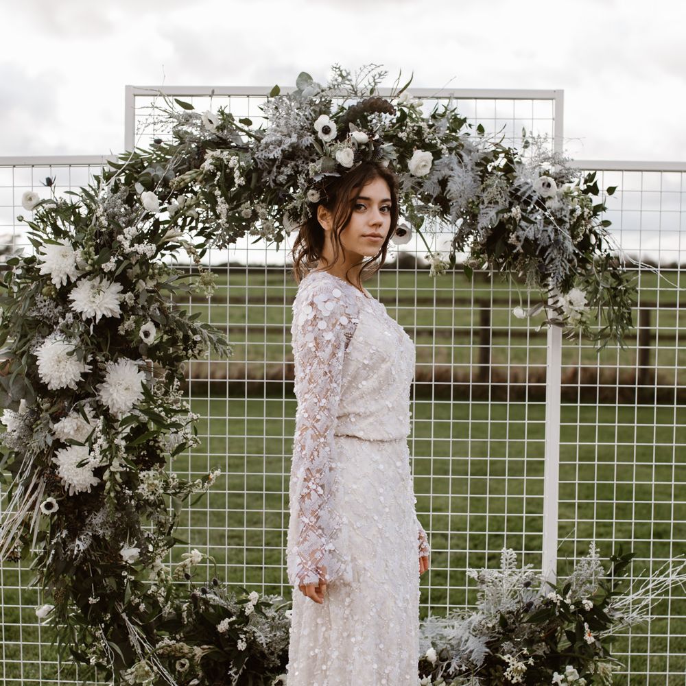 Bride in Jenny Packham Gown | Moon Gate Floral Arch by Swaffham Florist | Nocturn Wedding Inspiration Planned & Styled by The Little Lending Company | Agnes Black Photography | Film by The Wilde Bride