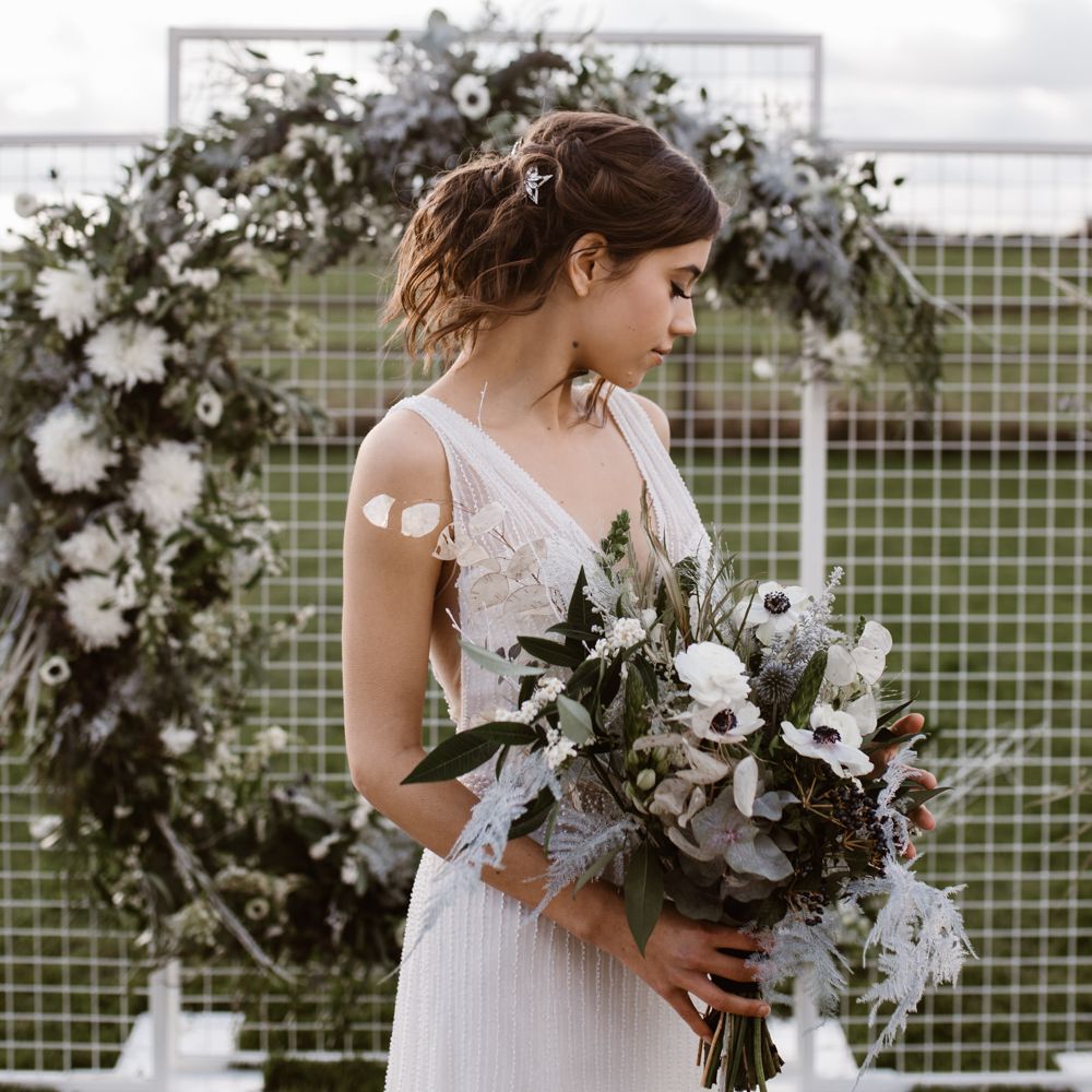 Bride in Watters Wtoo Bridal Gown | Moon Gate Floral Arch by Swaffham Florist | Nocturn Wedding Inspiration Planned & Styled by The Little Lending Company | Agnes Black Photography | Film by The Wilde Bride