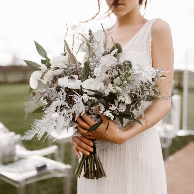 White & Grey Wedding Bouquet by Swaffham Flowers | Bride in Watters Wtoo Bridal Gown | Nocturn Wedding Inspiration Planned & Styled by The Little Lending Company | Agnes Black Photography | Film by The Wilde Bride
