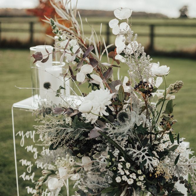 White & Grey Altar Floral Arrangement | Nocturn Wedding Inspiration Planned & Styled by The Little Lending Company | Florals by Swaffham Florist | Photography & Film by The Wilde Bride
