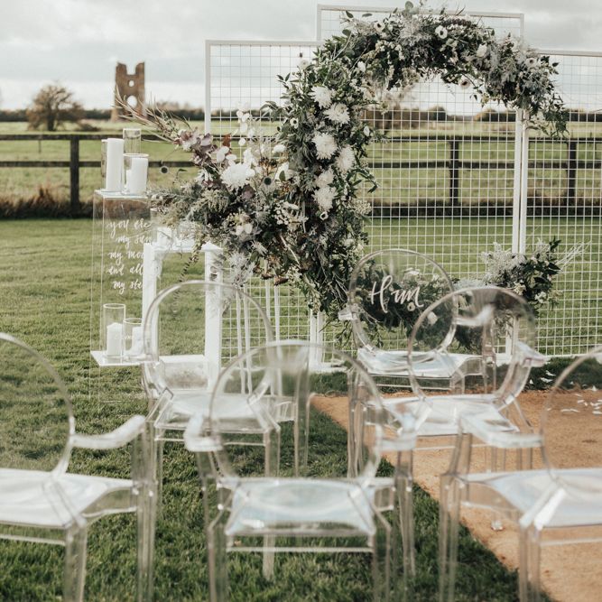 Moon Gate Altar | Ghost Chairs | Perspex Pew Ends | Nocturn Wedding Inspiration Planned & Styled by The Little Lending Company | Florals by Swaffham Florist | Photography & Film by The Wilde Bride
