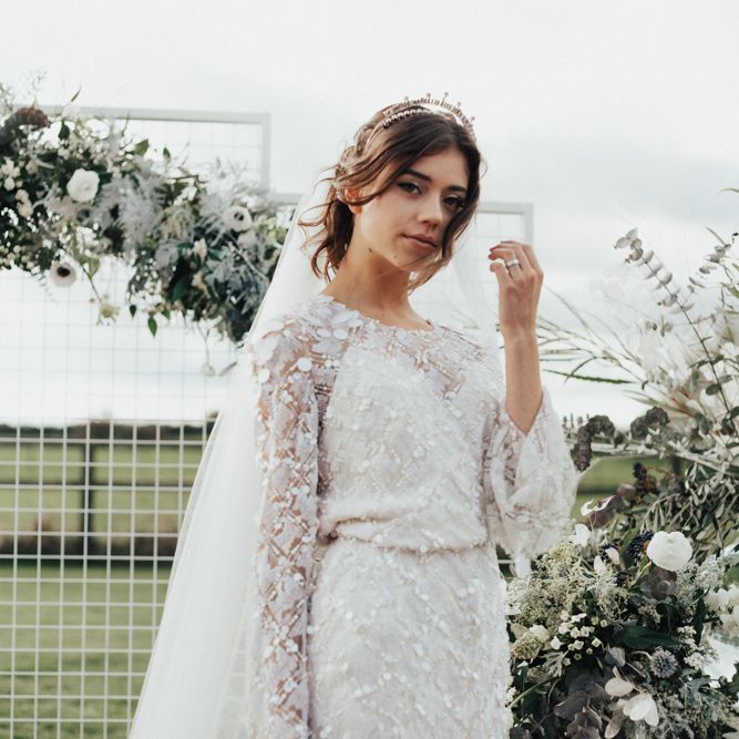 Bride in Jenny Packham Gown & Tilly Thomas Lux Hair Piece | Nocturn Wedding Inspiration Planned & Styled by The Little Lending Company | Florals by Swaffham Florist | Photography & Film by The Wilde Bride