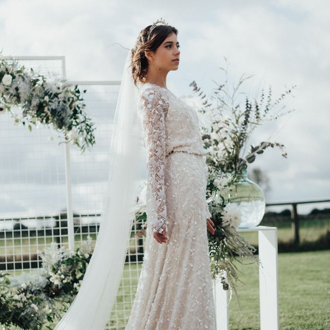 Bride in Jenny Packham Gown & Tilly Thomas Lux Hair Piece | Nocturn Wedding Inspiration Planned & Styled by The Little Lending Company | Florals by Swaffham Florist | Photography & Film by The Wilde Bride