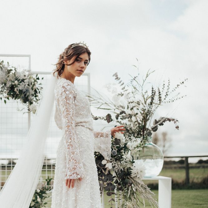 Bride in Jenny Packham Gown & Tilly Thomas Lux Hair Piece | Nocturn Wedding Inspiration Planned & Styled by The Little Lending Company | Florals by Swaffham Florist | Photography & Film by The Wilde Bride