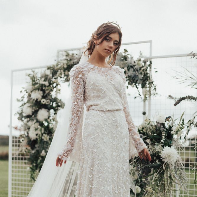 Bride in Jenny Packham Gown & Tilly Thomas Lux Hair Piece | Nocturn Wedding Inspiration Planned & Styled by The Little Lending Company | Florals by Swaffham Florist | Photography & Film by The Wilde Bride