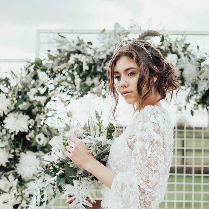 Bride in Jenny Packham Gown & Tilly Thomas Lux Hair Piece | Nocturn Wedding Inspiration Planned & Styled by The Little Lending Company | Florals by Swaffham Florist | Photography & Film by The Wilde Bride