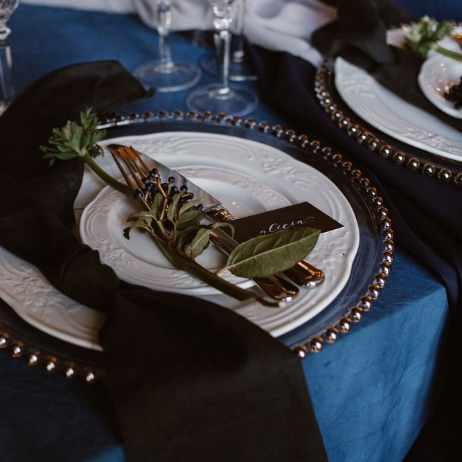Elegant Place Setting | Nocturn Wedding Inspiration at Godwick Great Barn Planned & Styled by The Little Lending Company | Agnes Black Photography | Film by The Wilde Bride