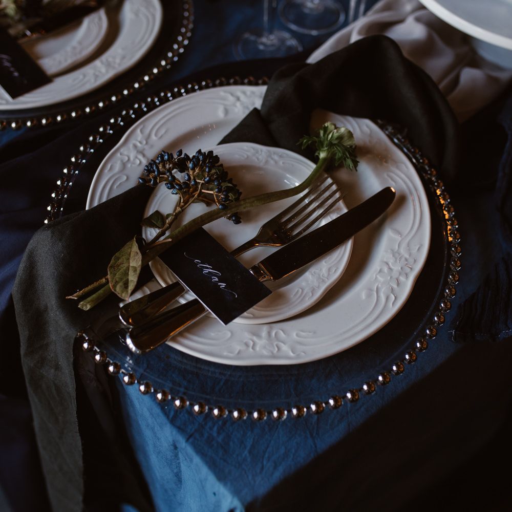 Elegant Place Setting | Nocturn Wedding Inspiration at Godwick Great Barn Planned & Styled by The Little Lending Company | Agnes Black Photography | Film by The Wilde Bride