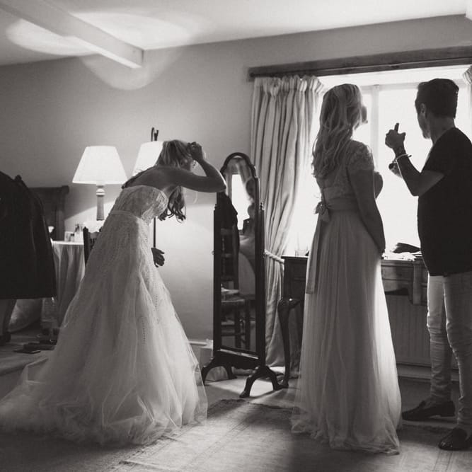 Bridal Preparations with Bride in Monique Lhuillier Candy Wedding Dress