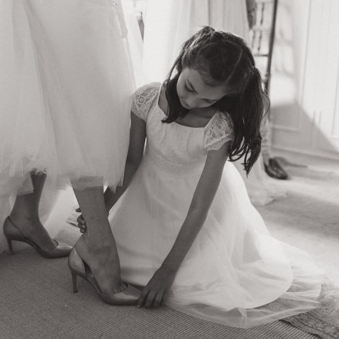 Bridal Preparations with Bride in Monique Lhuillier Candy Wedding Dress