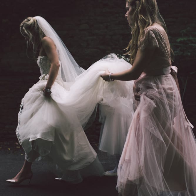 Bride in Monique Lhuillier Candy Wedding Dress & Bridesmaids in Pink BHLDN Dresses