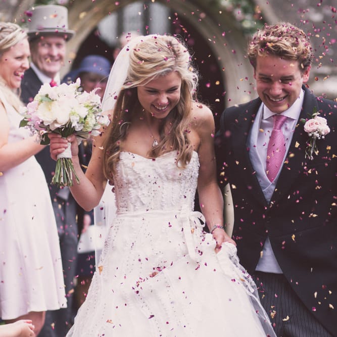 Church Exit Confetti Moment with Bride in Monique Lhuillier Candy Wedding Dress