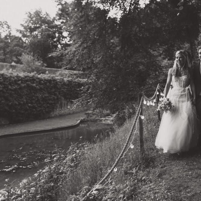 Bride in Monique Lhuillier Candy Wedding Dress & Groom in Traditional Tails