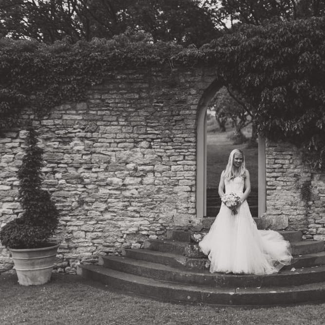 Bride in Monique Lhuillier Candy Wedding Dress