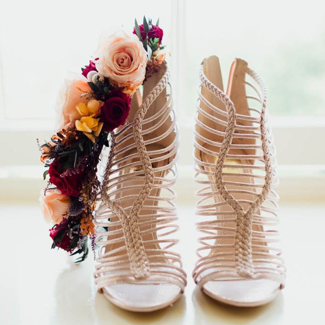 Miss Selfridge Shoes & Folky Dokey Flower Crown | Outdoor Wedding at Dewsall Court Oxfordshire | Claudia Rose Carter Photography | Costa Sister Productions