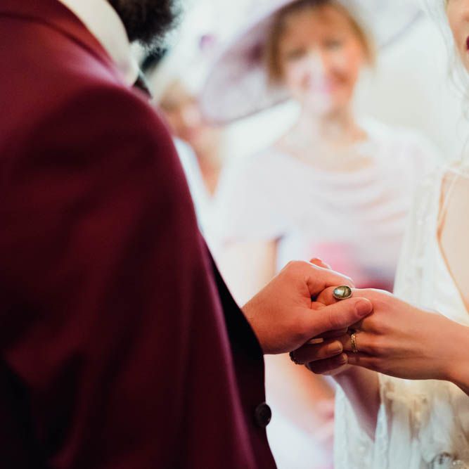 Wedding Ceremony | Bride in Rue de Seine Cleo Wedding Dress | Groom in Burgundy Suit | Outdoor Wedding at Dewsall Court Oxfordshire | Claudia Rose Carter Photography | Costa Sister Productions