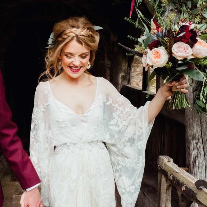 Bride in Rue de Seine Cleo Wedding Dress | Groom in Burgundy Suit | Outdoor Wedding at Dewsall Court Oxfordshire | Claudia Rose Carter Photography | Costa Sister Productions
