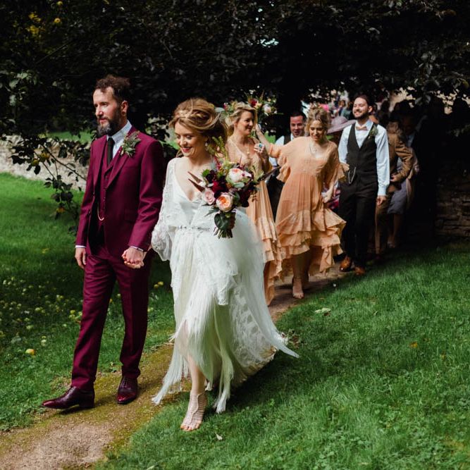 Bride in Rue de Seine Cleo Wedding Dress | Groom in Burgundy Suit | Outdoor Wedding at Dewsall Court Oxfordshire | Claudia Rose Carter Photography | Costa Sister Productions